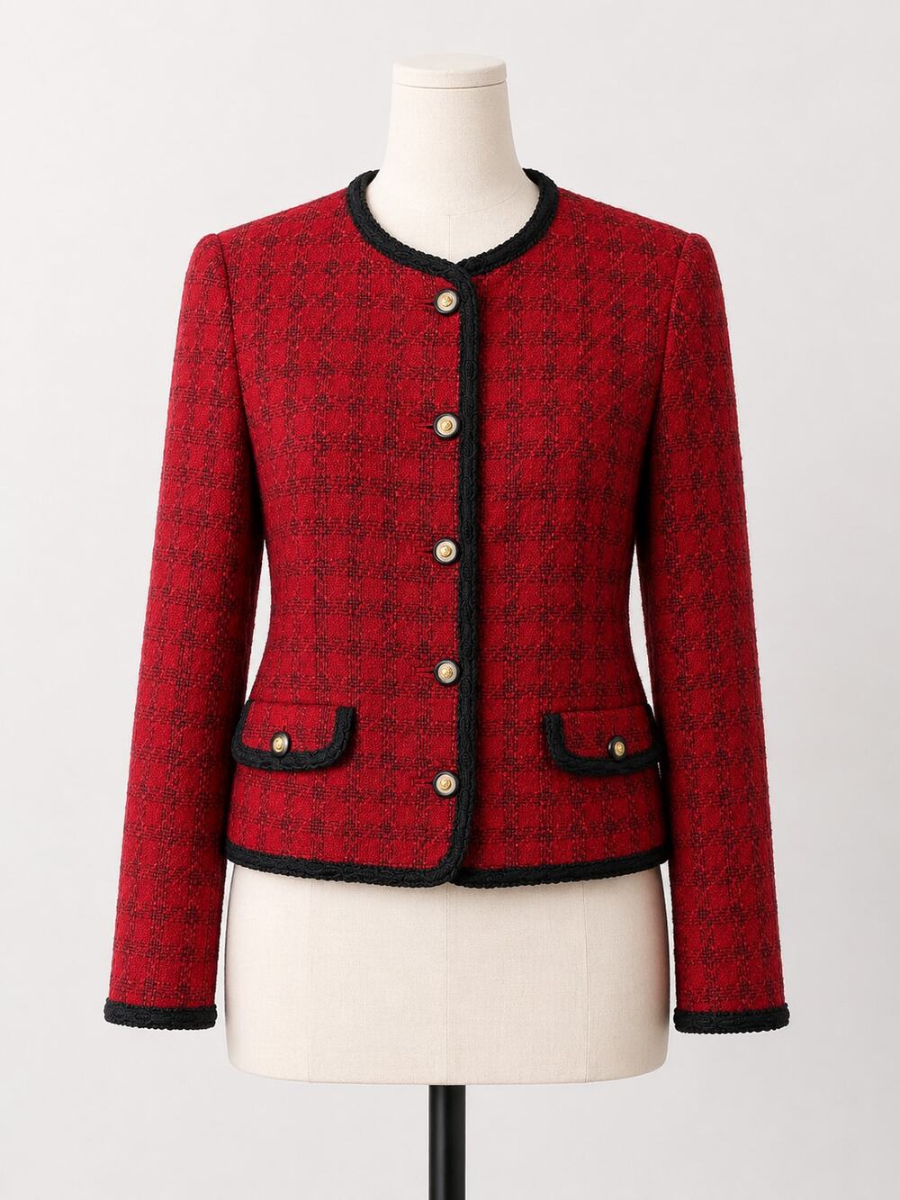Vintage Red Wool Blazer Black Accents Gold Buttons